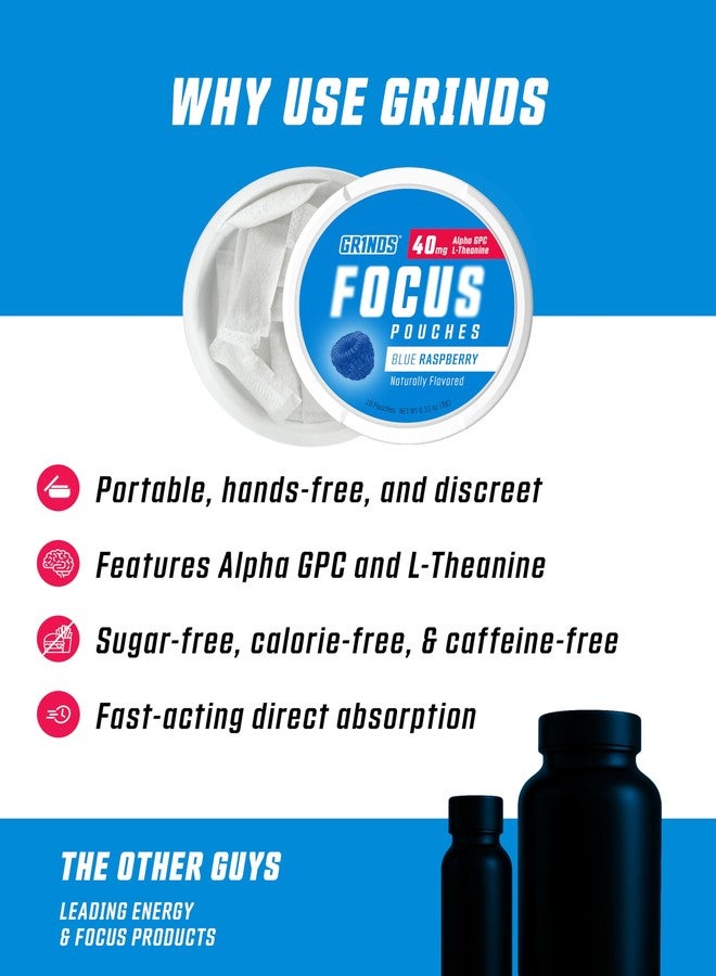 GRINDS Focus Pouches - Naturally Flavored with Nootropic Ingredients - Contains Alpha GPC and L-Theanine - Nicotine-Free, Sugar-Free - 3 Pack, 18 Pouches Per Can - Blue Raspberry - Image 4